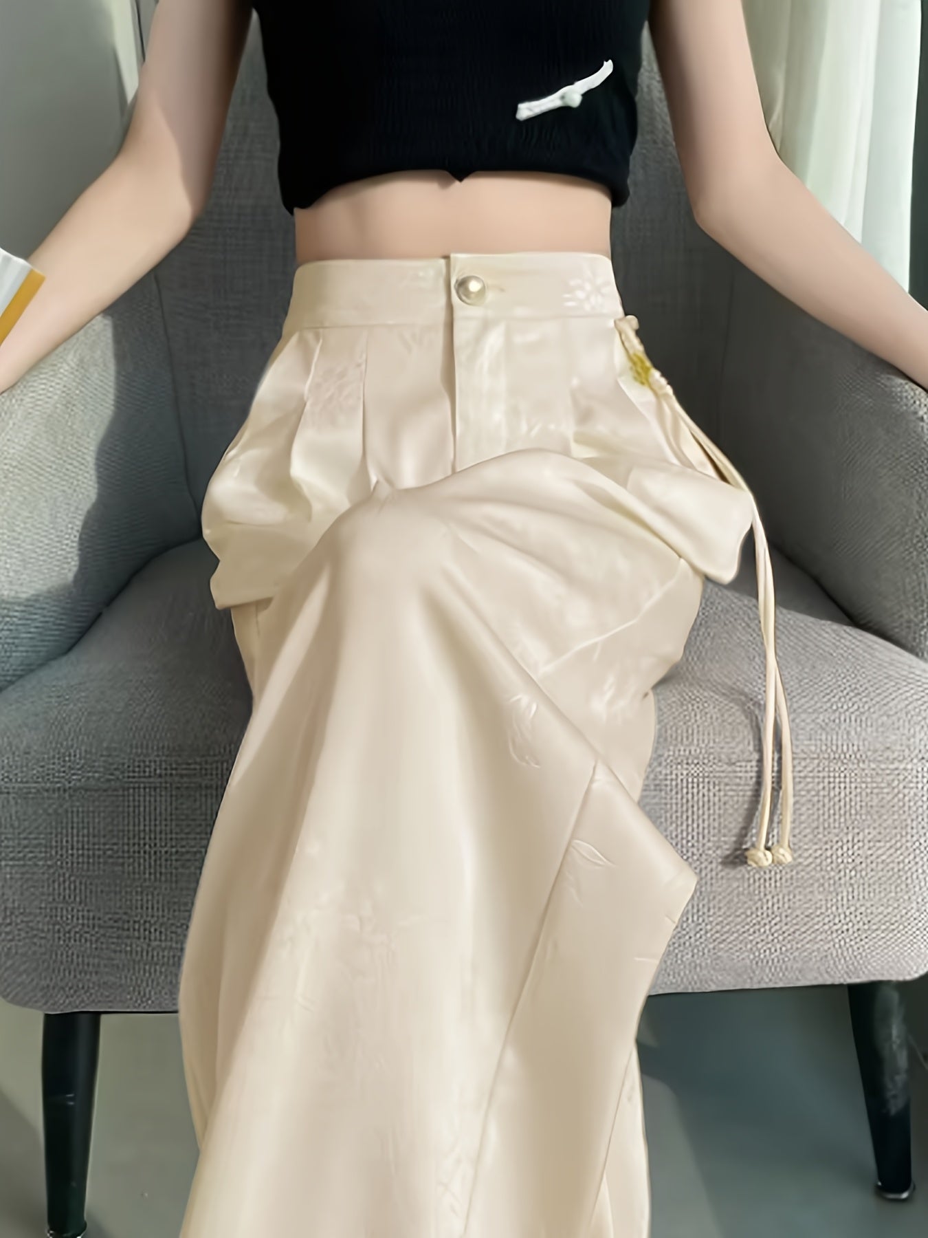 Pantalon Femme Élégant Jambe Large – Noir Uni avec Imprimé Nuages Chinois Blancs, Ourlet Asymétrique, Bureau et Événements Formels, Inspiré Asiatique