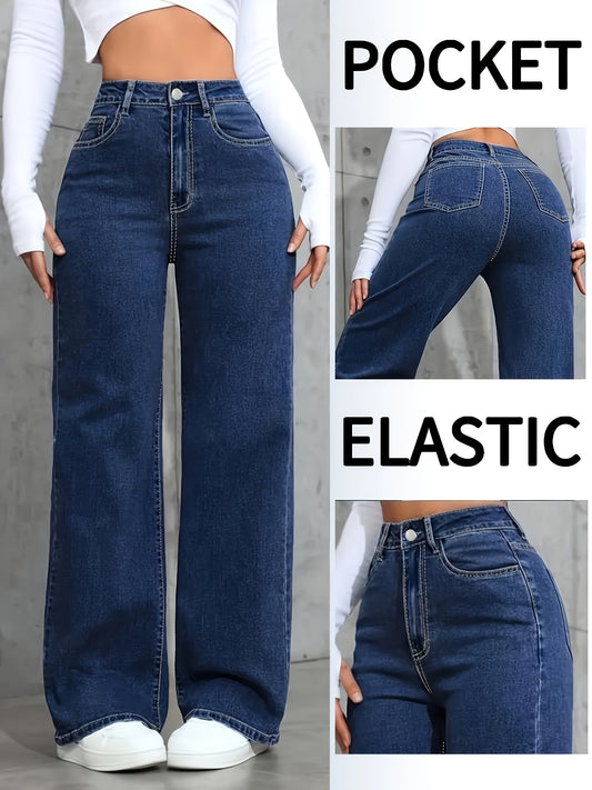 Jeans Femme Taille Haute – Coupe Droite, Bleu Denim avec Poches, Extensible, Style Décontracté, Fermeture Boutons, Confort Toutes Saisons, Tissu Durable