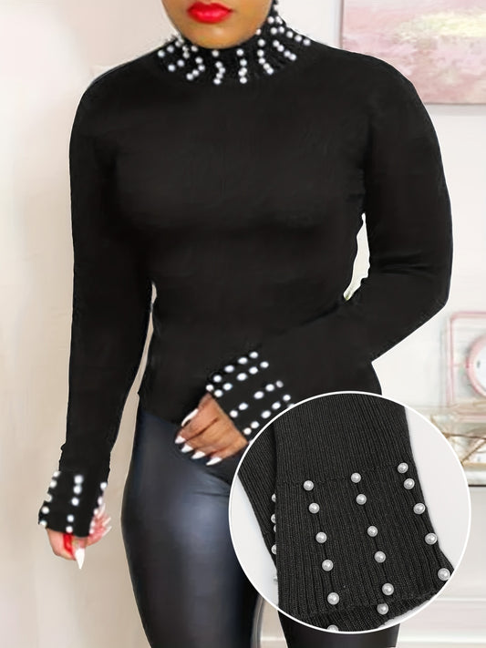 Pull-over élégant pour femmes grande taille, col haut orné de perles, noir extensible, lavable en machine, incontournable chic toute saison