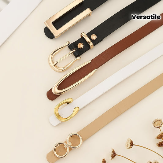 Lot de 5 ceintures élégantes minimalistes – Couleurs unies, boucle en alliage en forme de C avec lettres, polyvalentes pour jupes et pantalons, élastiques, lavage à la main uniquement