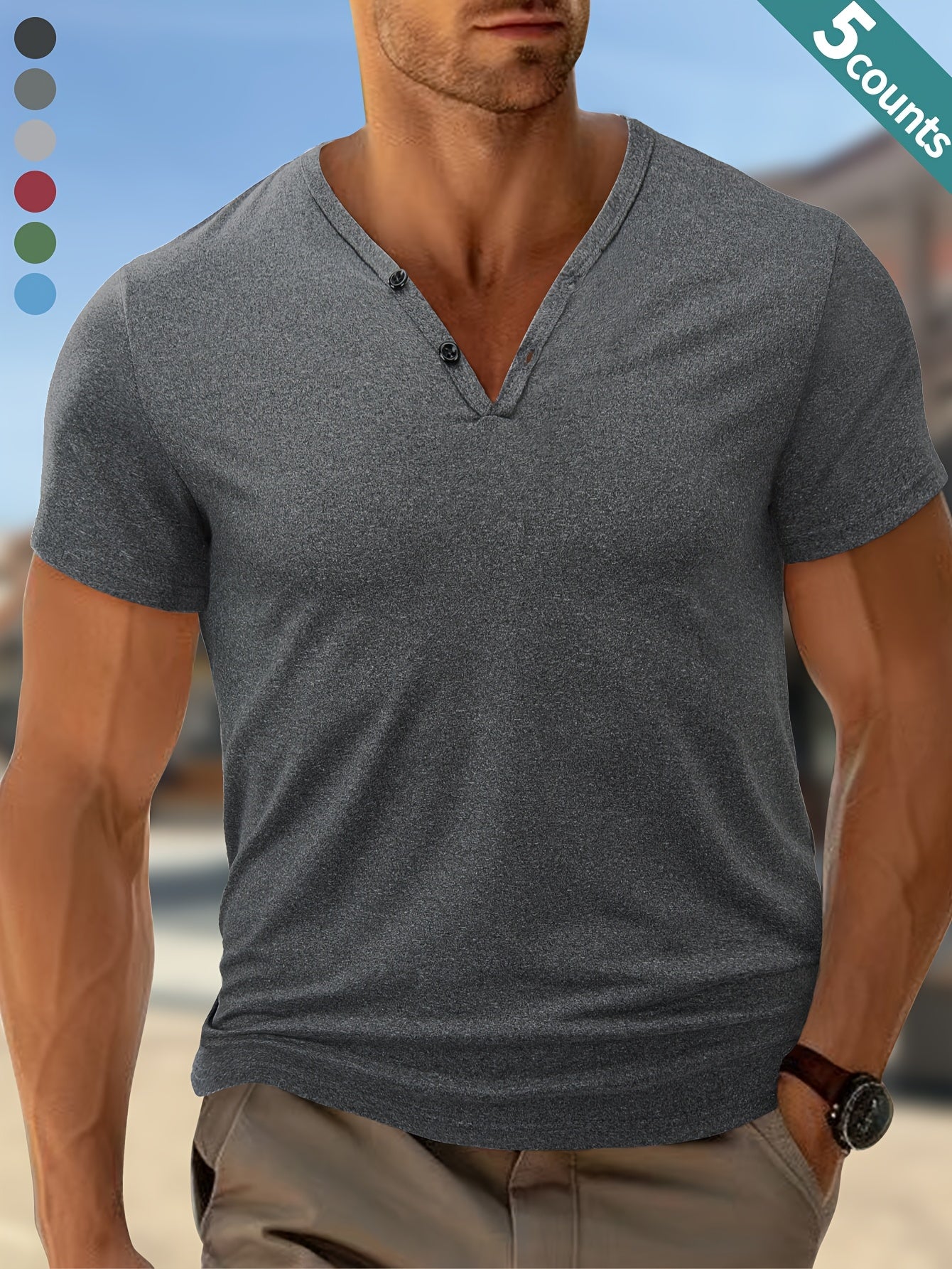Lot de 5 Henley V-Neck Légers & Respirants Homme – Séchage Rapide