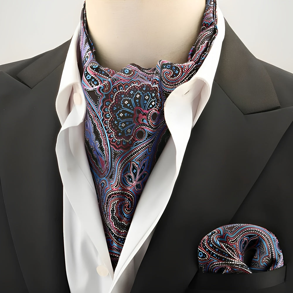 2pcs Ascot Homme – Écharpe et Pochette Style Rétro Britannique pour Mariages et Événements, Motifs Pois/Paisley/Fleur