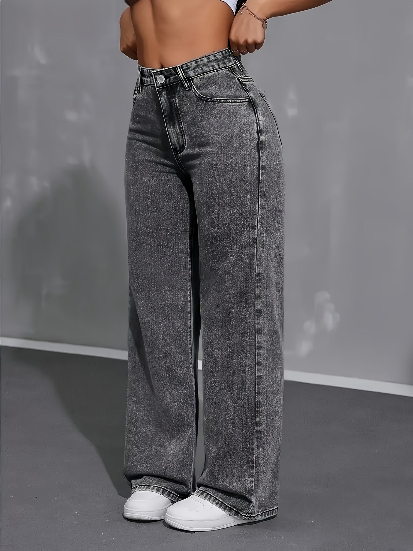 Pantalon Femme Stretch à Jambes Droites – Jean Large à Taille Haute, Finition Gris Délavé Effet Neige, Style Rétro