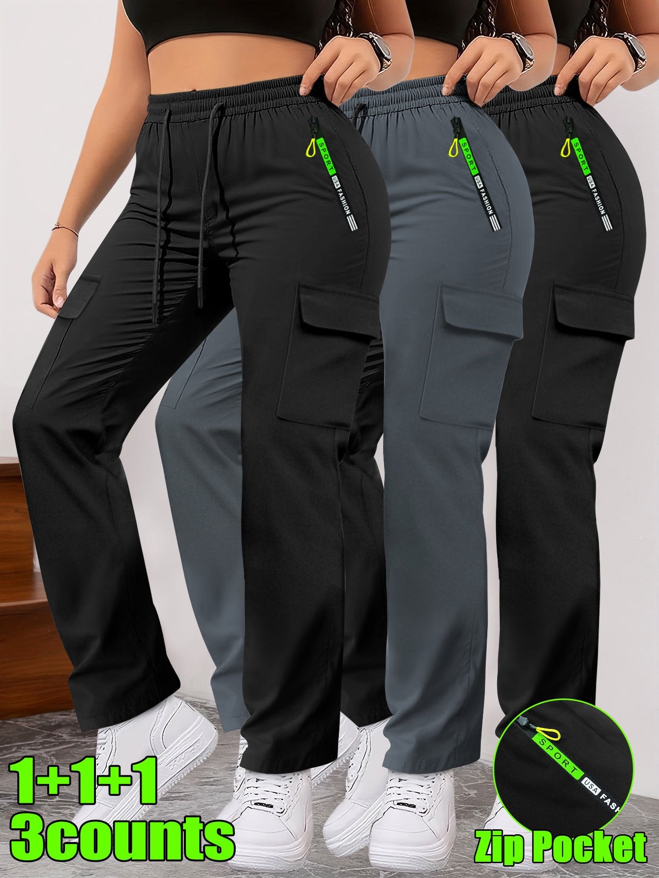 Lot de 3 Pantalons Femme– Poches Zippées et Cargo, Robustes, Sans Extensibilité, Printemps/Automne