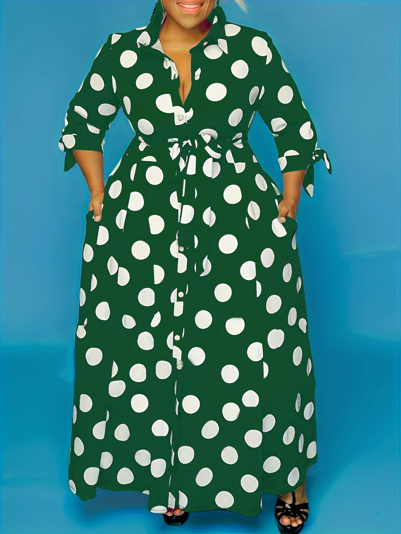 Robe Élégante Grande Taille – Femme, Maxi Robe à Pois, Boutonnée, Col avec Ceinture