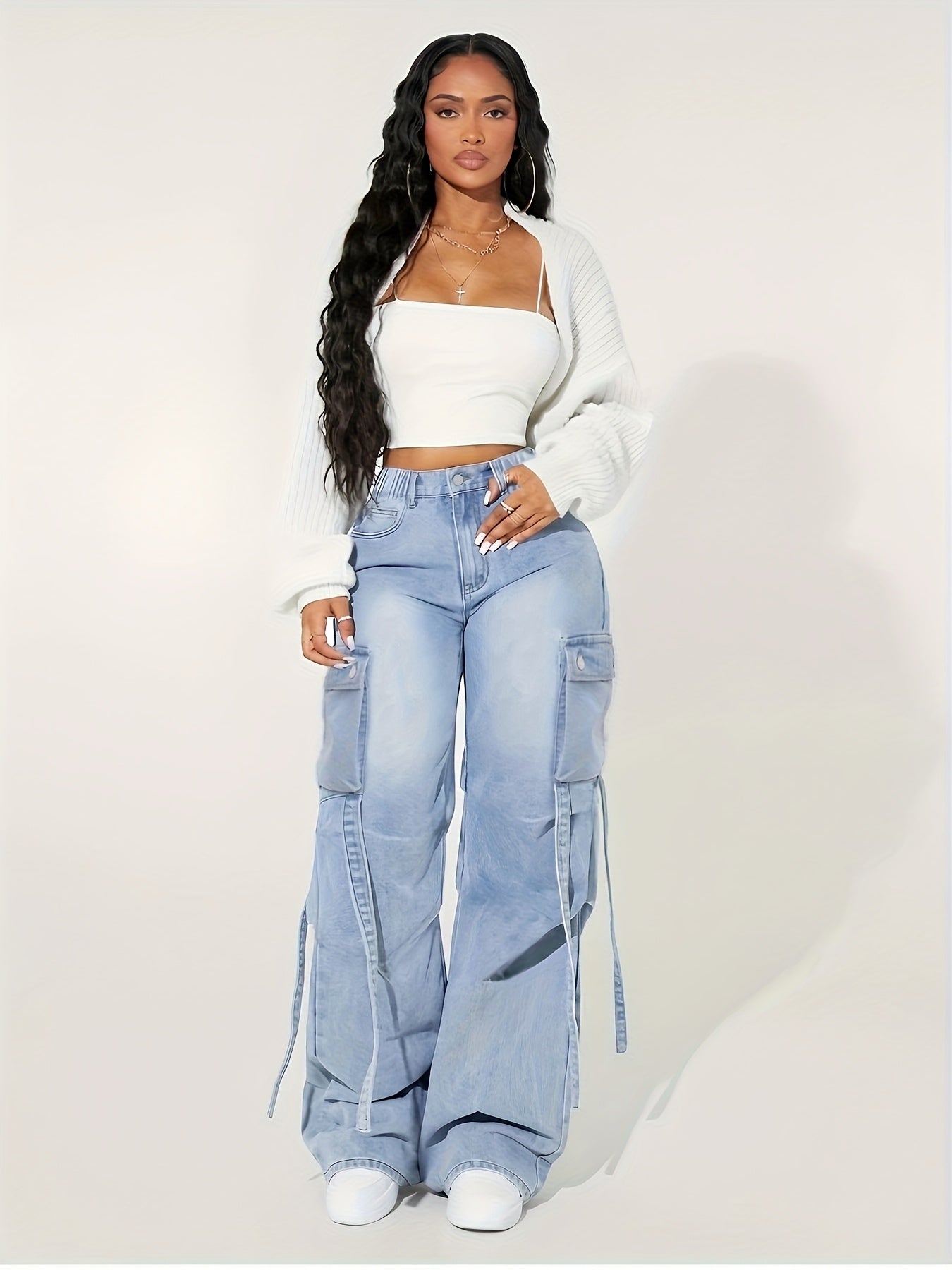 Jeans Cargo Femme Taille Haute – Jambe Large, Extensible, Multiples Poches, Bleu Denim, Style Y2K Streetwear
