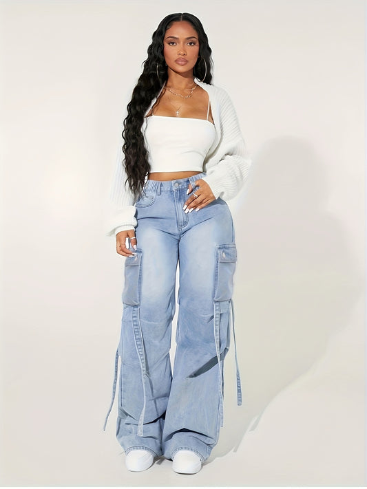 Jeans Cargo Femme Taille Haute – Jambe Large, Extensible, Multiples Poches, Bleu Denim, Style Y2K Streetwear