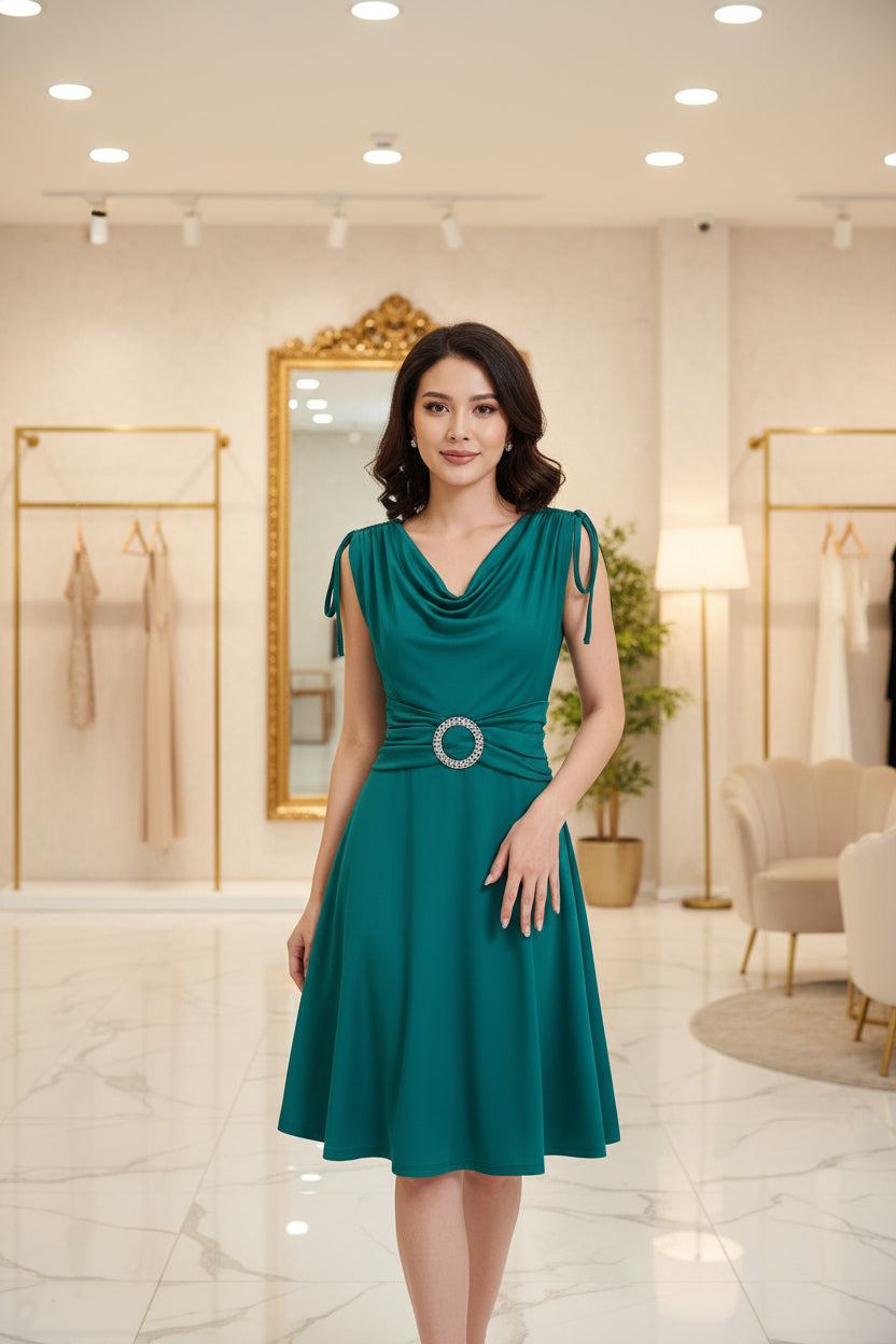 Une robe de soirée élégante pour femme, avec un décolleté drapé, sans manches, une boucle en strass métallisé, une taille cintrée et des épaules froncées, parfaite pour les jolies femmes en rendez-vous ou en sortie
