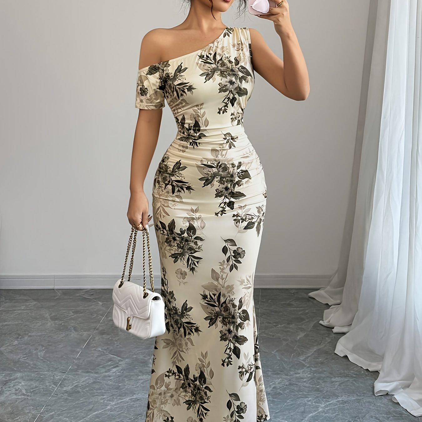 Women's Floral Print Asymmetrical Shoulder Ruffle Design Mermaid Hem Elegant and Delicate Party Date Dress