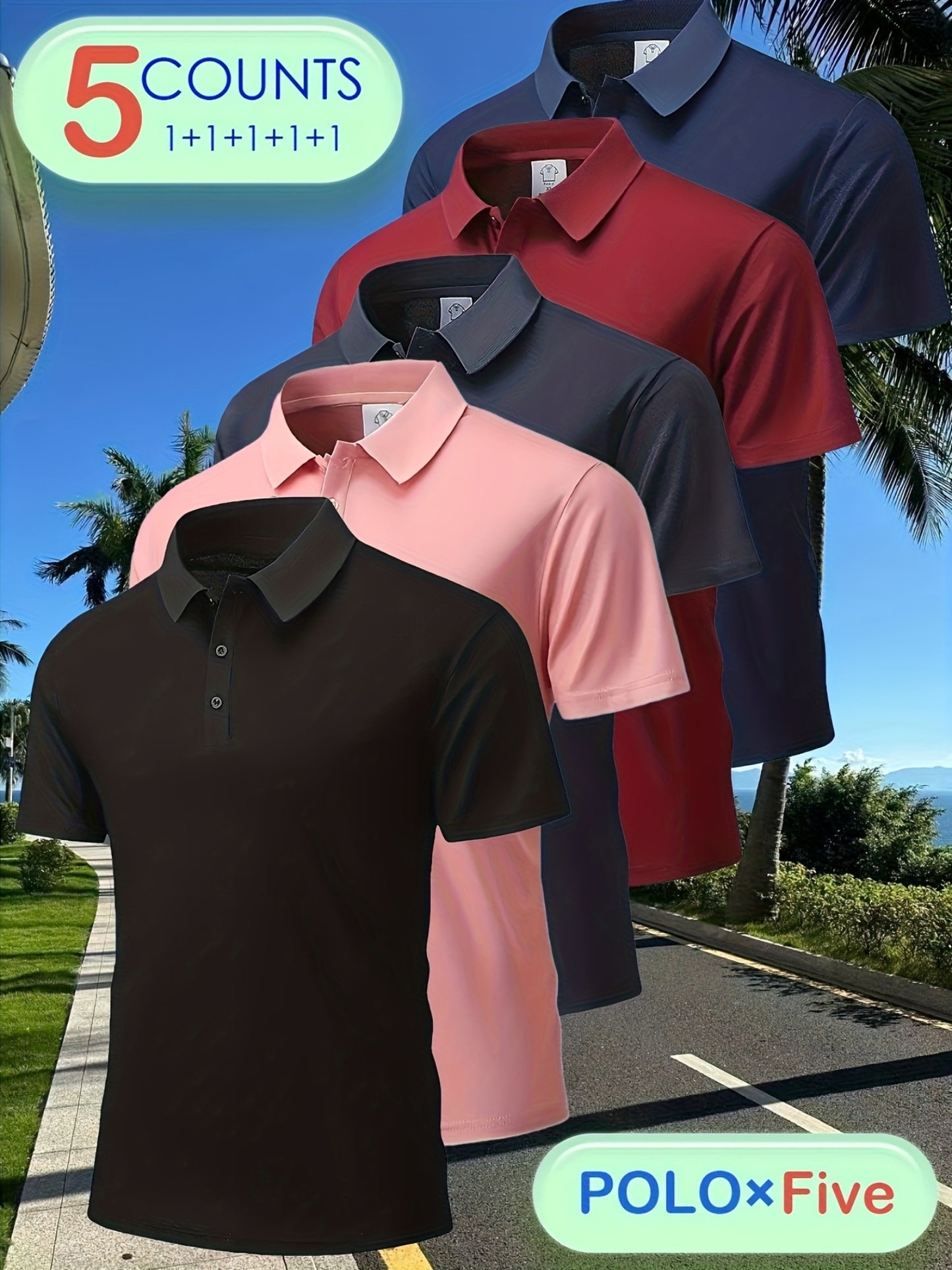 5pcs Men'S Polo Shirts - Elegant Solid Color, High-Quality Fabric, Short Sleeve, Button-Up Collar, Regular Fit, All-Season Wear for Business, Travel, Work, Dates, Home & Golf, Golf Attire | Stylish Polo Set | Durable Fabric