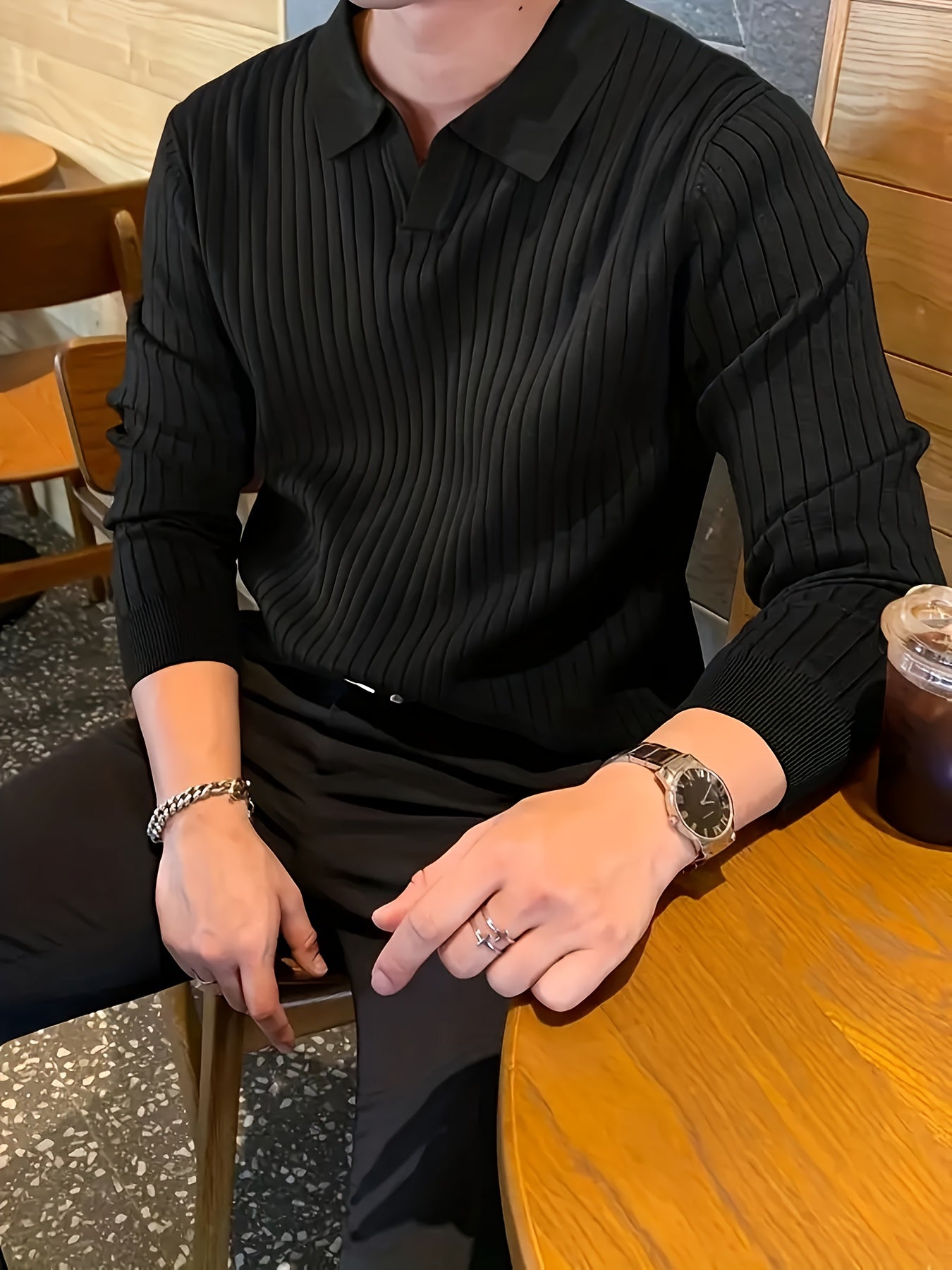 Iron Genghis OBM Men's Casual Long Sleeve Knit Sweater - Solid Color Ribbed Collar & Cuffs, High Elasticity Ribbed Texture, Regular Fit Autumn Winter Pullover, Ribbed Sweater, Everyday Pullover, Stylish Pullover, Highelastici