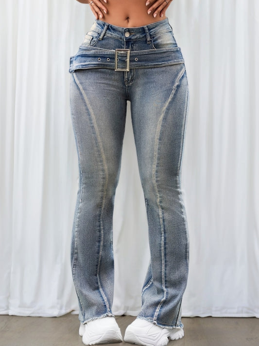 Jean Femme Slim Évasé Vintage Taille Mi-Haute Ceinture Délavé