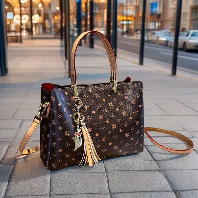 Sac Cabas Femme Élégant Grande Capacité avec Breloque Renard à Pompon – Fermeture Éclair, Doublure en Polyester, Design Multi-Couches, Idéal comme Cadeau de Fête