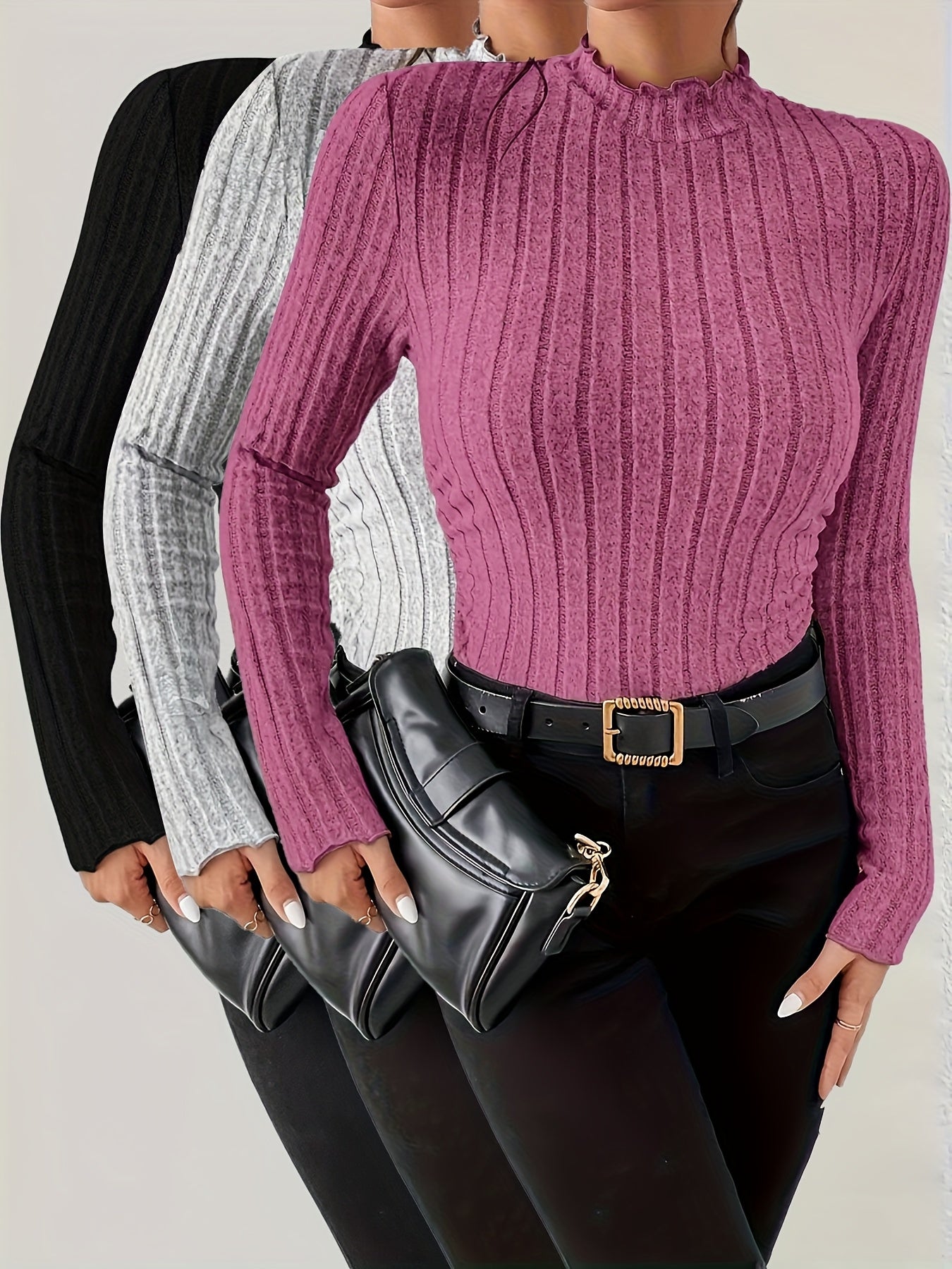 Lot de 3 T-shirts élégants pour femmes – Col montant, manches longues, col rond, coupe régulière, couleur unie, collection automne/hiver, style casual