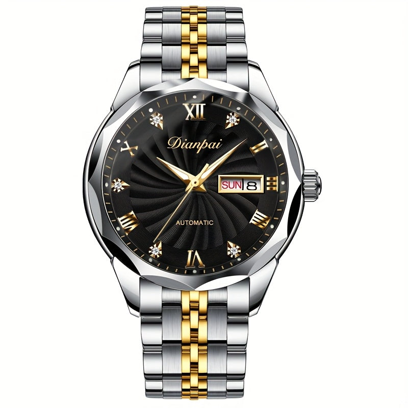 Men'S Business Automatic Mechanical Watch with Stainless Steel Strap, Week Calendar Display & Night Light - Self-Winding Mechanical Movement, Without Battery