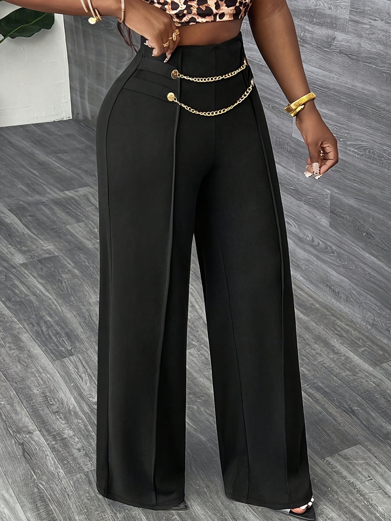 Pantalon Femme Élégant Jambe Droite – Noir, Taille Haute avec Chaîne Dorée et Fermeture Zippée, Grande Taille, Bureau et Décontracté