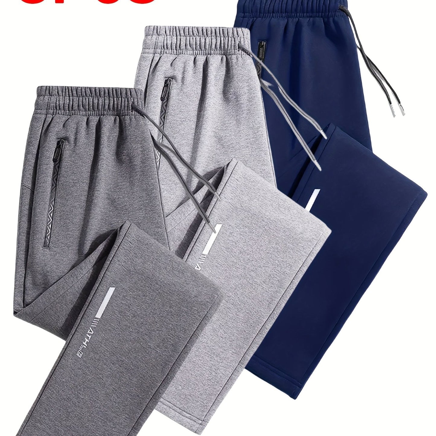 Lot de 3 Joggers Homme – Tissu Maille Douce, Taille à Cordon, Jambe Droite, Poches Zippées, Gris Chiné/Bleu Marine