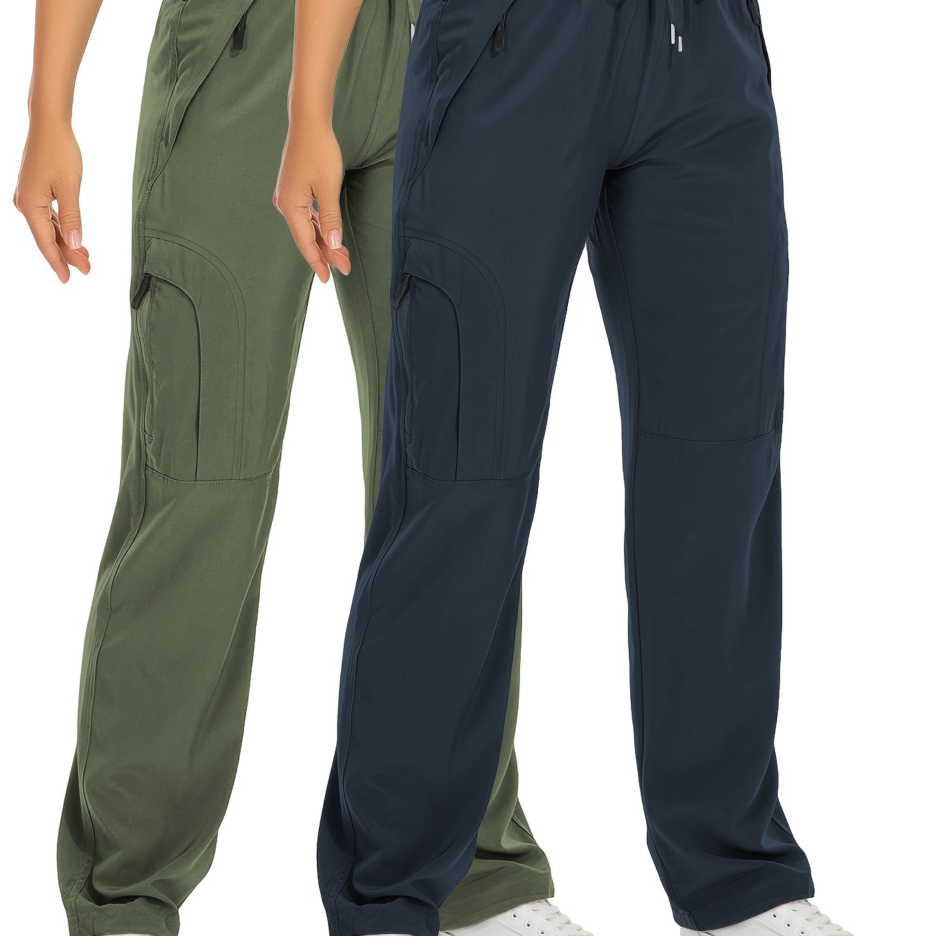 Lot de 2 Pantalons Cargo Femme – Poches Zippées, Tissu Respirant et Séchant Rapidement, Extensible, Automne, Noir et Blanc