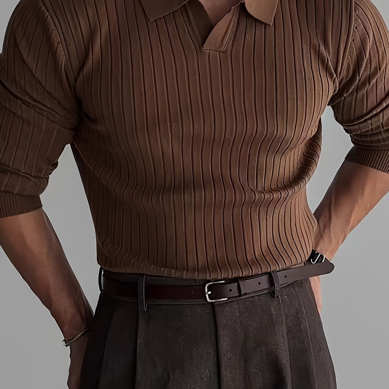 Iron Genghis OBM Men's Casual Long Sleeve Knit Sweater - Solid Color Ribbed Collar & Cuffs, High Elasticity Ribbed Texture, Regular Fit Autumn Winter Pullover, Ribbed Sweater, Everyday Pullover, Stylish Pullover, Highelastici