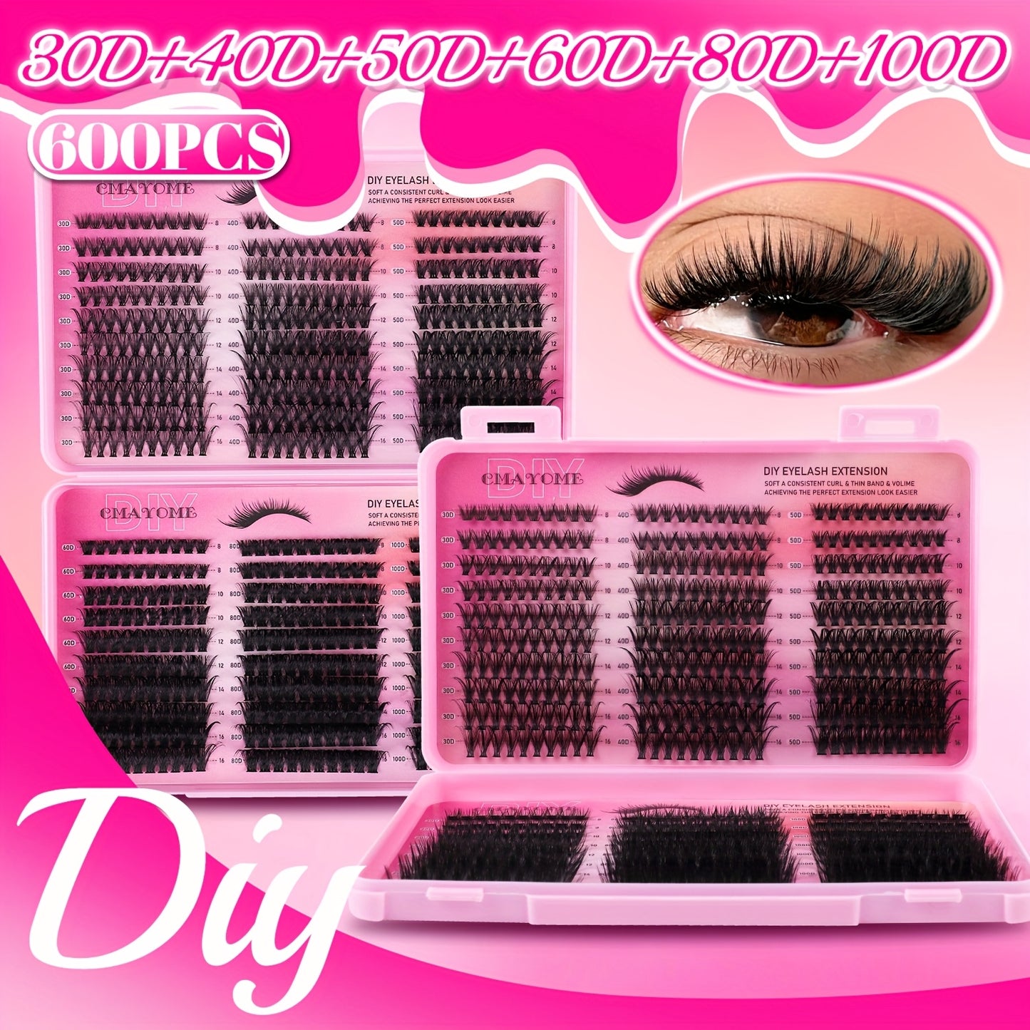 600/200 pcs Cils Individuels – Kit d’Extensions DIY 30D/40D/50D, Inclus Pince et Brosse Douce, Cils Réutilisables, Parfaits pour Maquillage de Soirée, Scène et Festivals