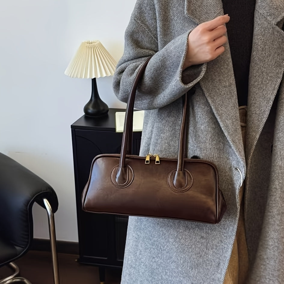 Sac épaule vintage pour femmes – style baguette français chic automne/hiver 2025, doublure polyester, fermeture zippée, marron foncé élégant avec ferrures dorées, polyvalent et sécurisé pour voyages
