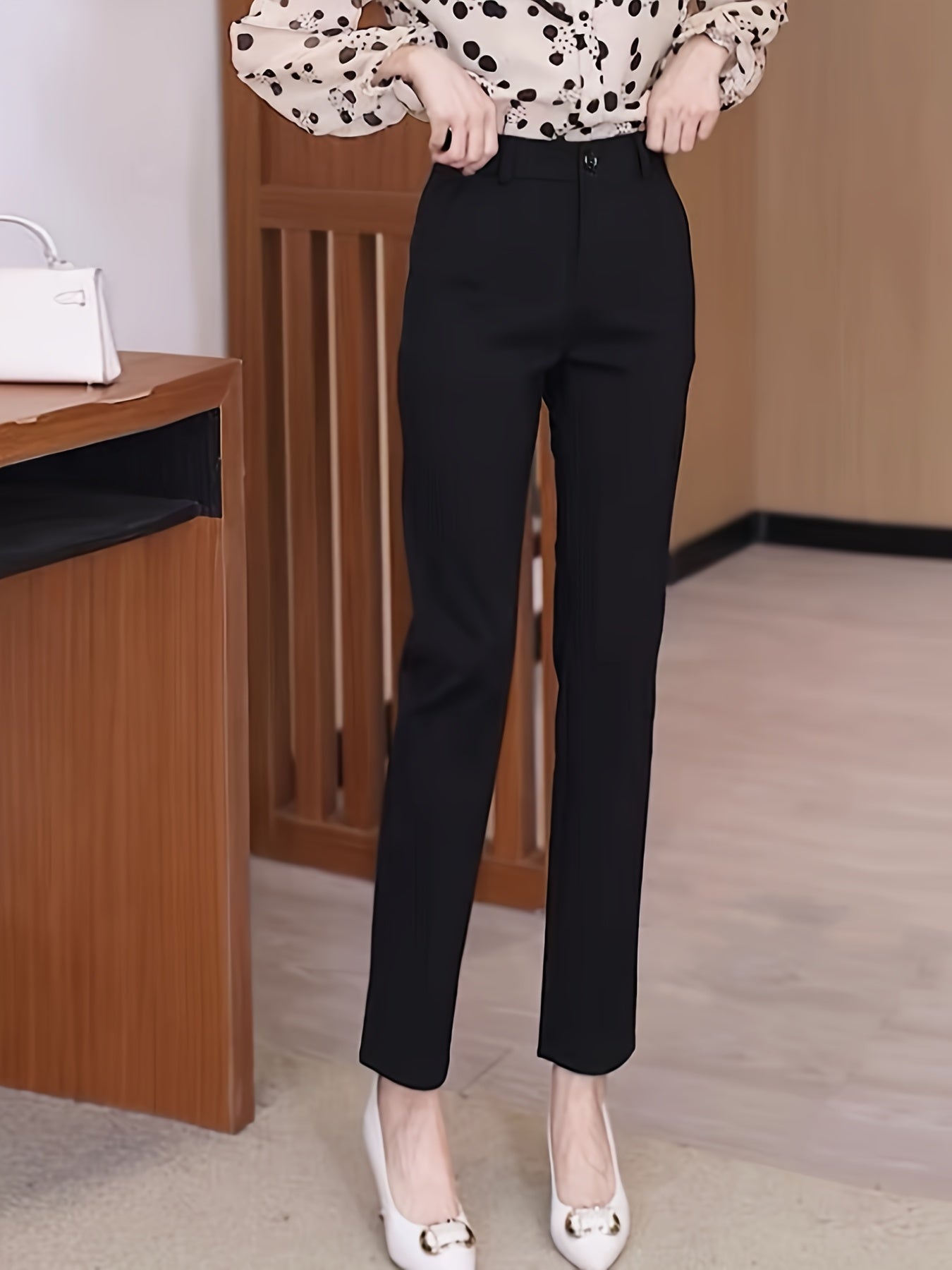 Pantalon Femme Taille Haute – Jambe Droite Noir, Confortable, Taille Élastique, Boutons, Bureau et Décontracté