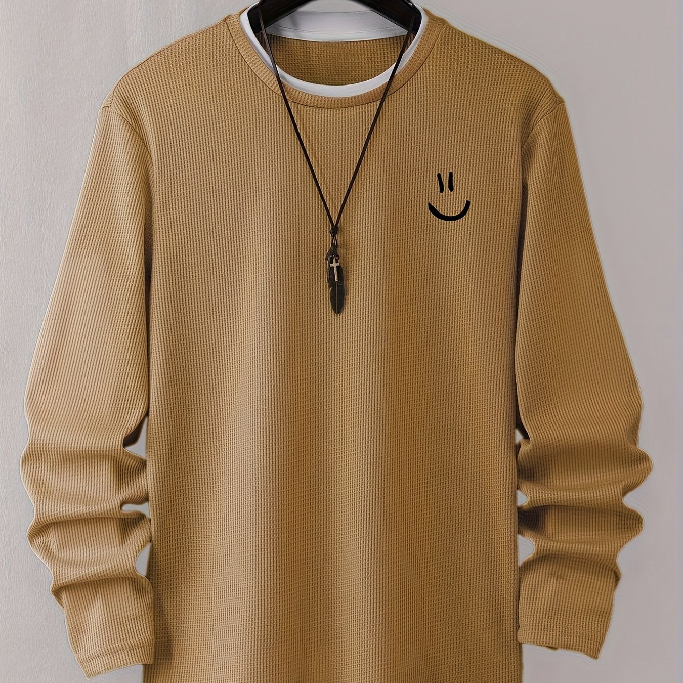 Stylish Cartoon joyful Print Comfortable Sweat-Absorbing Waffle Knit Men's Casual Long Sleeve T-Shirt