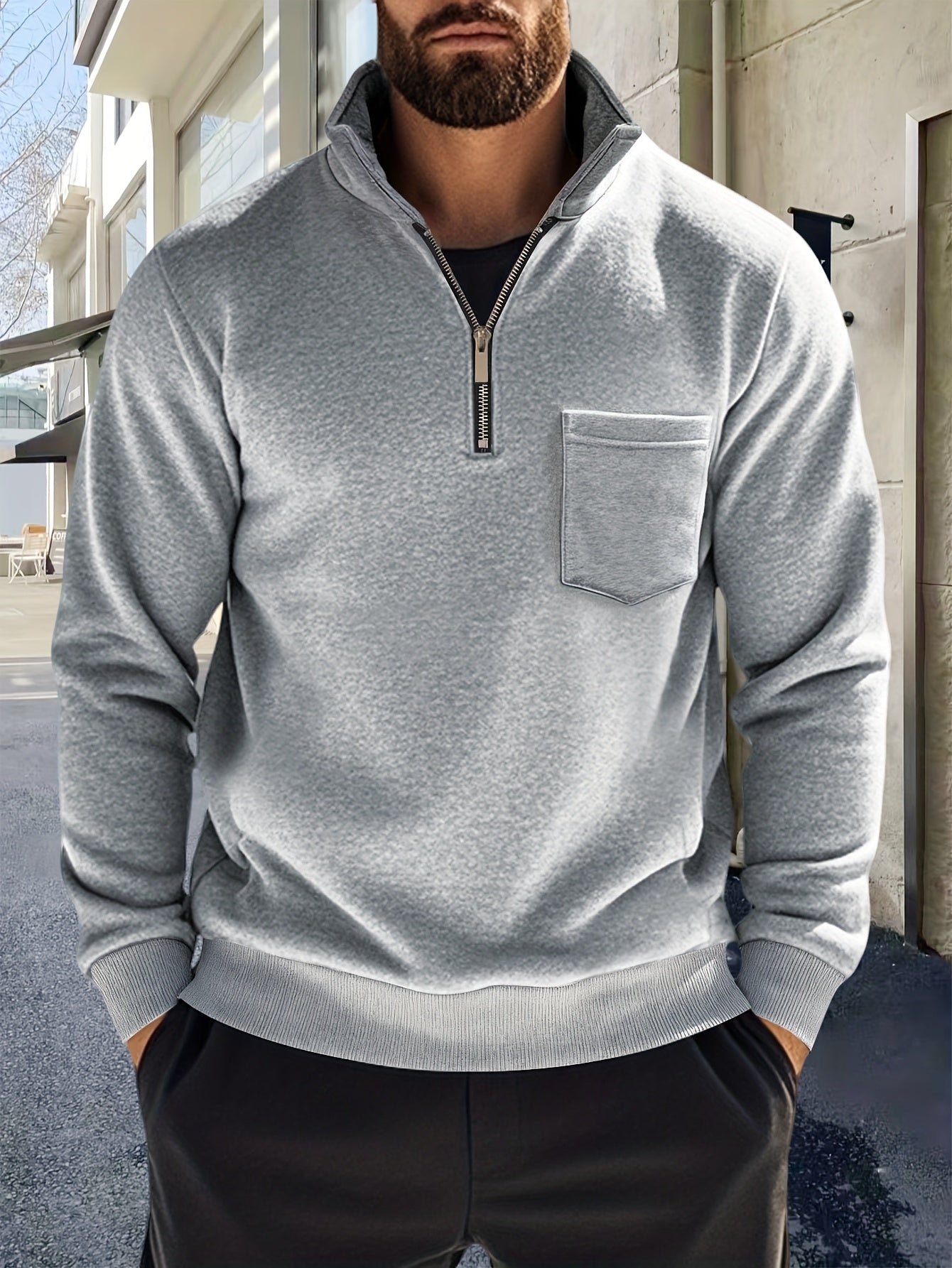 Men'S Thickened Long Sleeve Shirt - Half-Zip, Versatile Long Sleeve Turn- Collar Base Layer Top with Chest Pocket, Suitable for Autumn/Winter, Winter Clothing, Autumn Apparel, Classic Collar, Durable Fabric, Warm Material, Ba