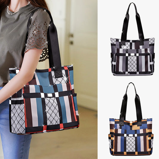 Sac Cabas Femme Grande Capacité à Motif Géométrique Color Block – Idéal pour Shopping, Travail et Voyage, Sac Cabas Femme Grande Capacité, Sac Bandoulière en Nylon pour Femme, Mini Sac Cabas, Grand Sac à Main pour Femme, Sac de Créateur pour Femme