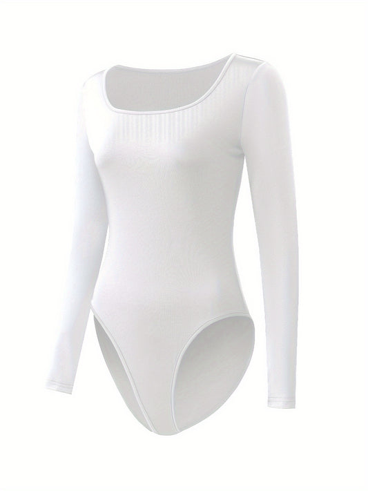 Body femme à manches longues, col carré, en polyester extensible et spandex, couleur unie, style combishort de yoga avec culotte intégrée