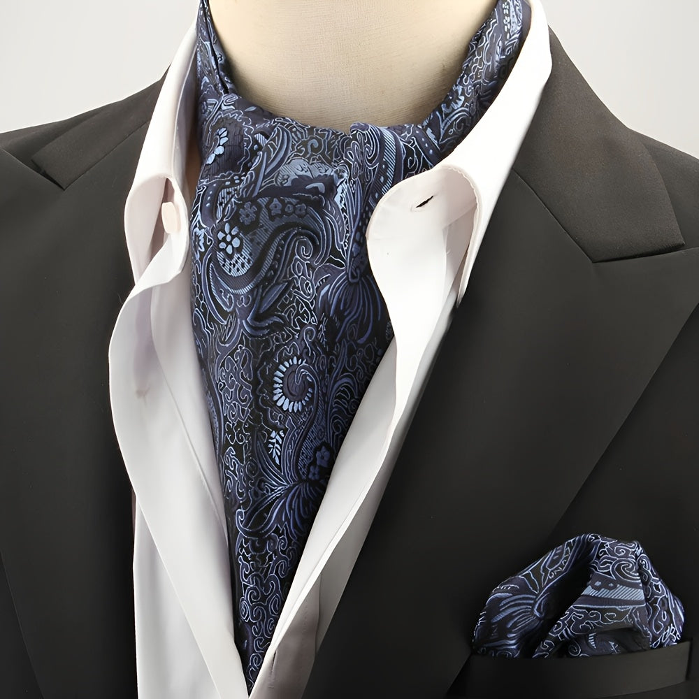 2pcs Ascot Homme – Écharpe et Pochette Style Rétro Britannique pour Mariages et Événements, Motifs Pois/Paisley/Fleur