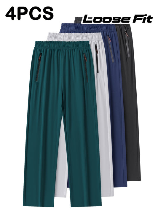 4pcs Pantalons Homme Casual – Cordon, Léger & Stretch, Poches Zippées, Running & Jogging