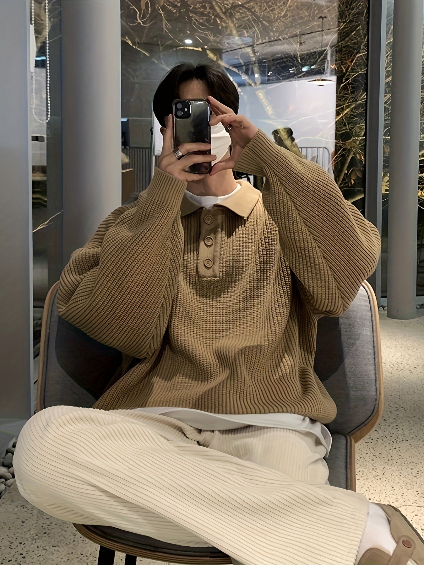 Korean-Style Plush Knitted Sweater with a Trendy Collar, Perfect for Winter Versatility, Selected by Temujin.