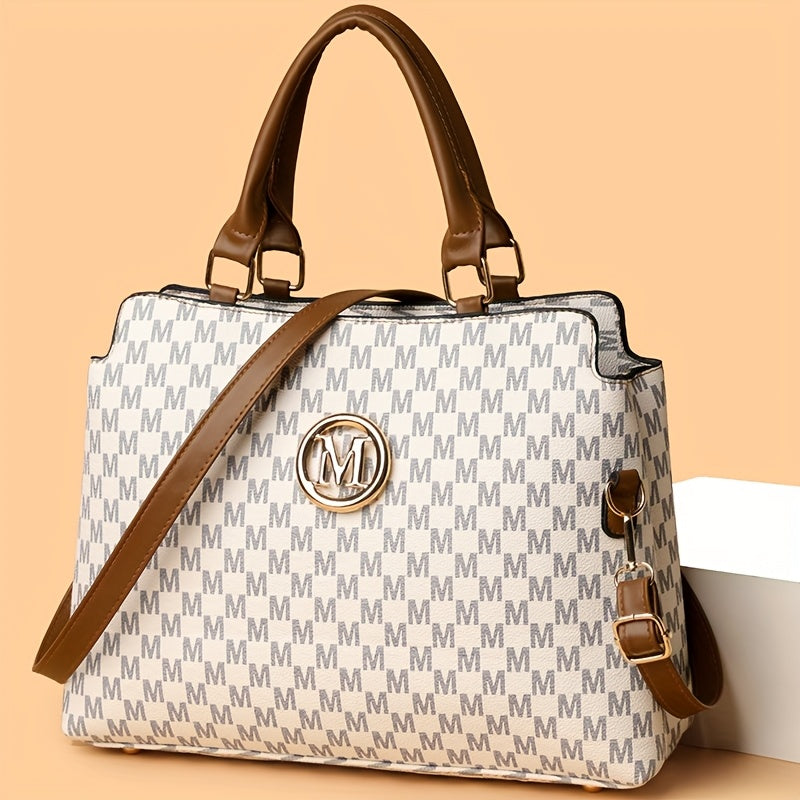 Sac rétro Pied-de-poule femmes blanc et marron logo doré M bandoulière réglable élégant