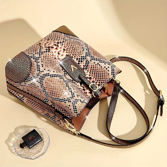 Sac à Épaule Élégant Femme – Imprimé Serpent Marron et Beige, Fermoir Rond Métallique Stylé, Poches Zippées, Bandoulière Amovible, Doublure Polyester, Accessoire Mode | Design Imprimé Serpent | Fermeture Zippée