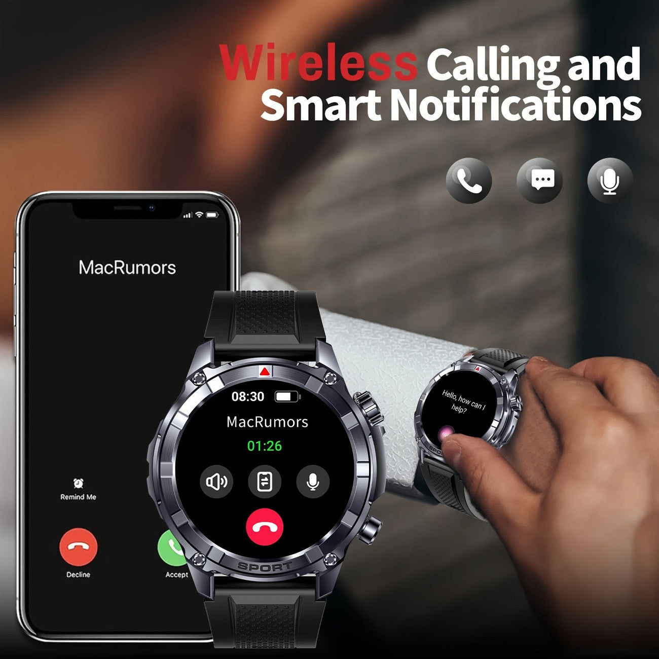 Montre Connectée Homme – Appels (Répondre/Appeler), Écran 3,86 cm, Tracker Fitness avec Assistant Vocal IA, Météo, Sommeil, 100+ Modes Sport, Batterie Longue Durée 500 mAh