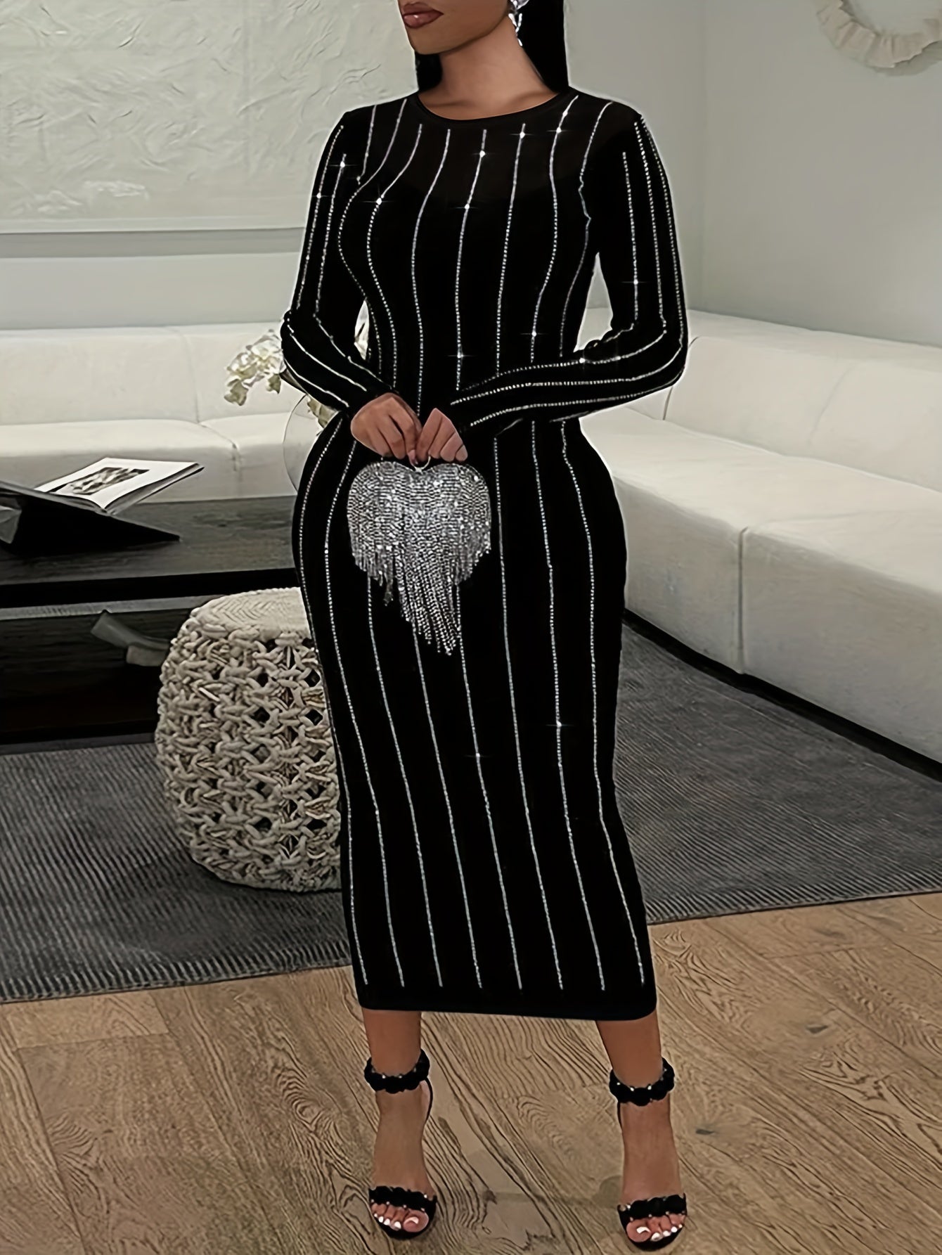 Women's Striped Bodycon Dress Suitable for - Sparkling Rhinestone Round Neck Strapless-able (Strapless Compatible) Dress, Spring/Fall Wedding Guest Dress, Hand Washable Moderate Stretch