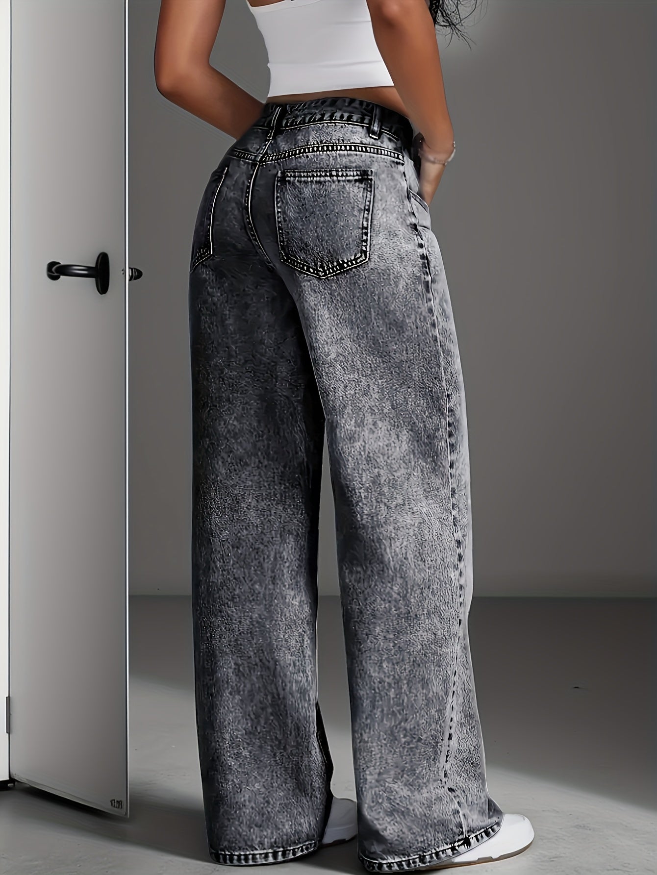 Jeans Femme Jambe Droite Snow-Wash Classique Bleu Gris Confortables Décontractés Toute Saison Flatteurs Élégants Automne Hiver