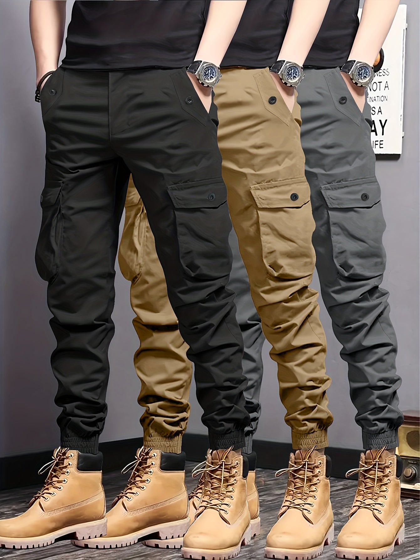 3pcs Pantalons Cargo Homme – Multipoches, Cordon Élastique, Tissu Résistant, Outdoor & Casual