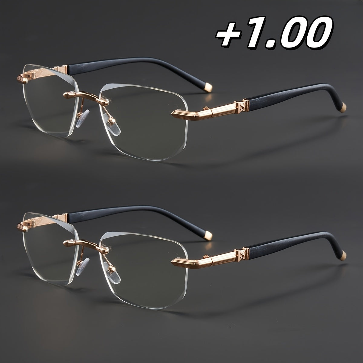 Two Pairs, Bundled Set, Stylish, Men'S, Exquisite, Luxurious, Rimless, Beveled Edge, Reading Glasses, Metal Frame, Options: 100, 150, 200, 250, 300, 350, And 400 Degrees, Without Battery, Christmas Gifts