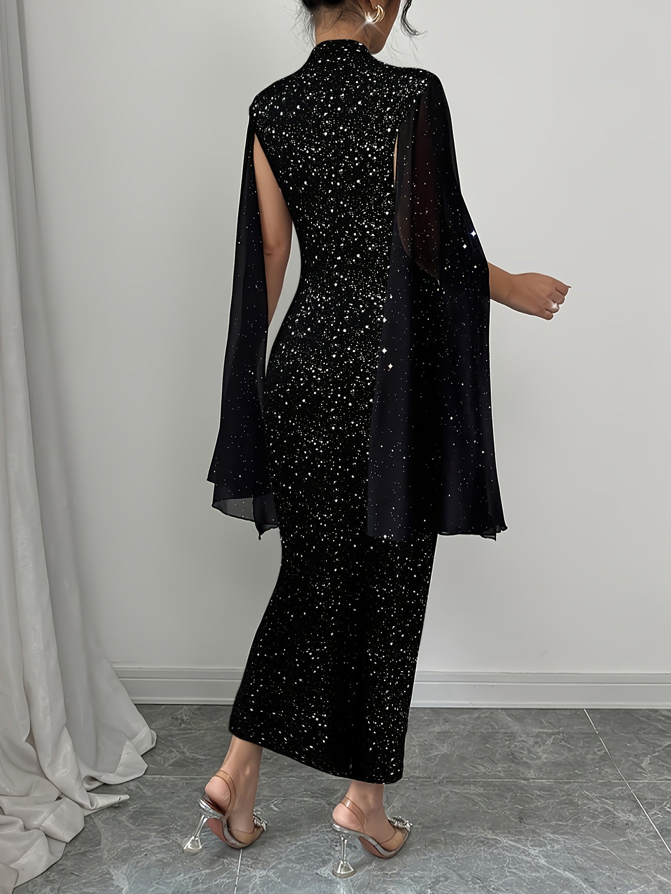 2025 New Elegant Formal Fall Women's Dress, Sequin Evening Gown with Fashionable Spliced Sleeves, Slim-Fit Starlight Long Dress for Halloween Costumes, Parties, and Gatherings