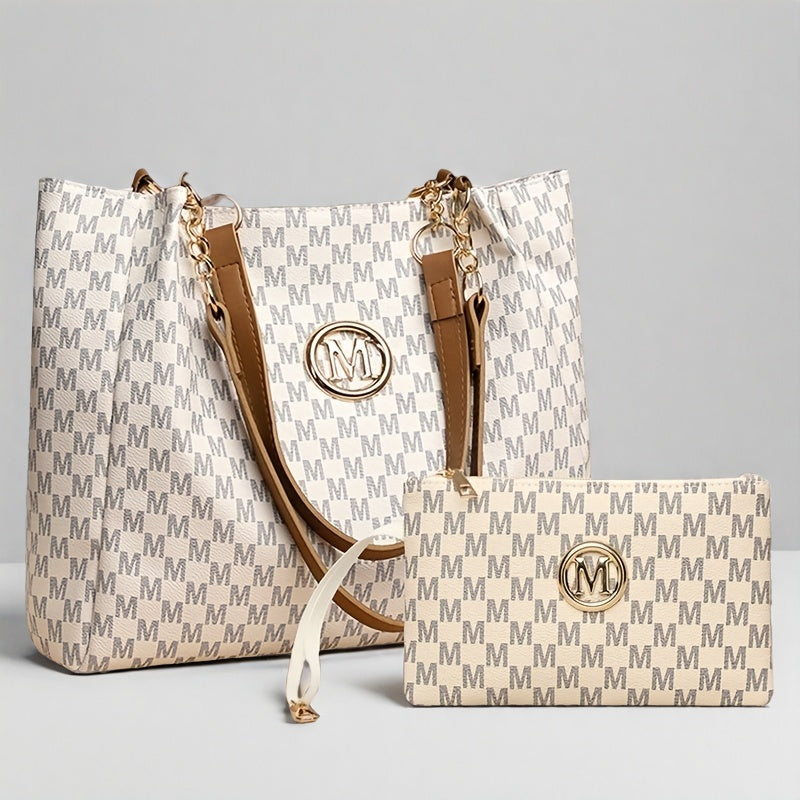 Set de 2 sacs pour femmes – grande capacité, sac fourre-tout et bandoulière, élégant avec ferrures dorées et chaîne, fermeture zippée, bandoulières fixes, brun, polyvalent pour travail, voyage et usage quotidien