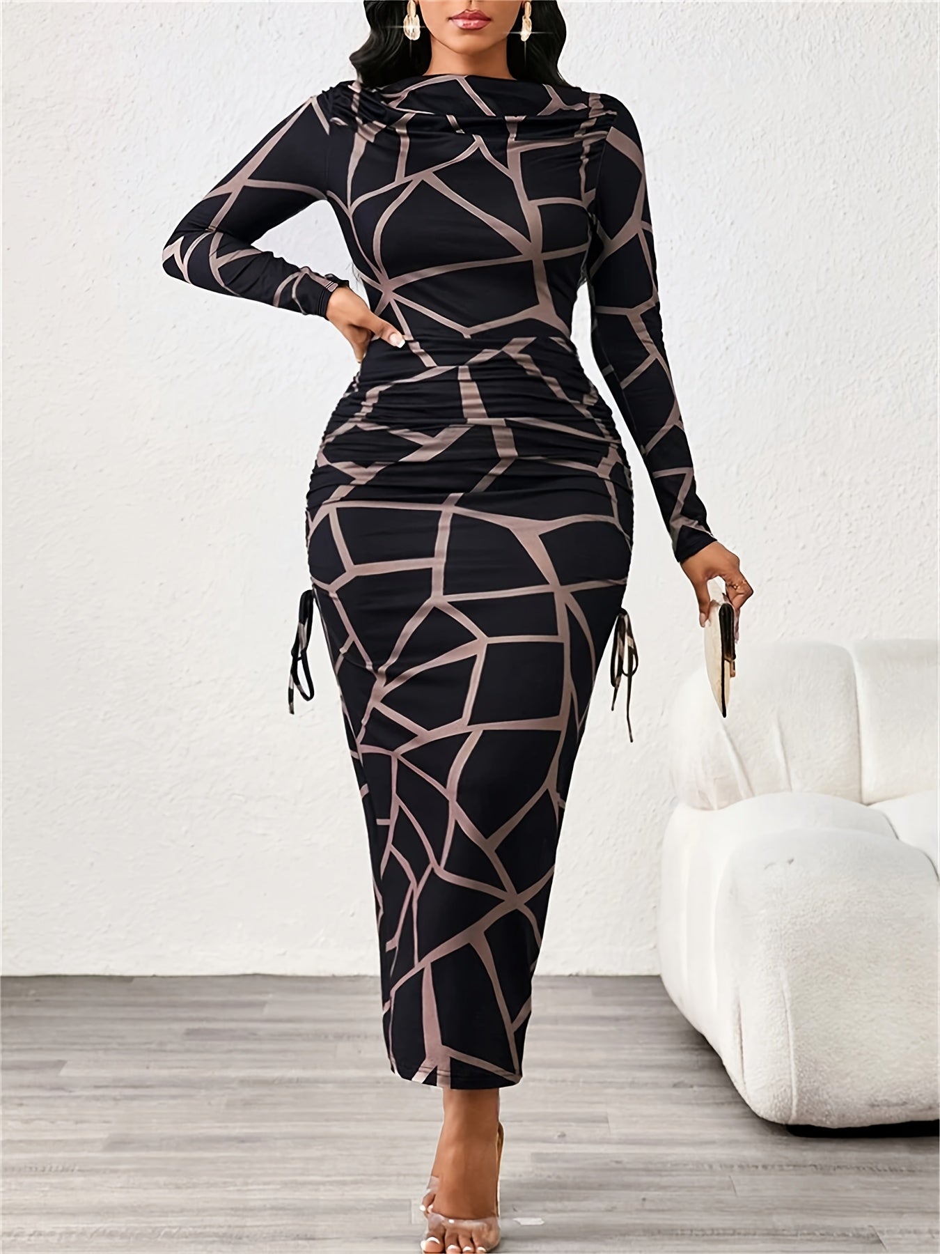 Women'S Elegant Formal Evening Gown - Long Sleeve Bodycon Dress with Geometric Print, Structured Fit & Tie-Front Closure, Floor-Length Party Wedding Guest Dress for, Prom, Gala - Spring/fall Formal Attire, Formal Dresses, Pro