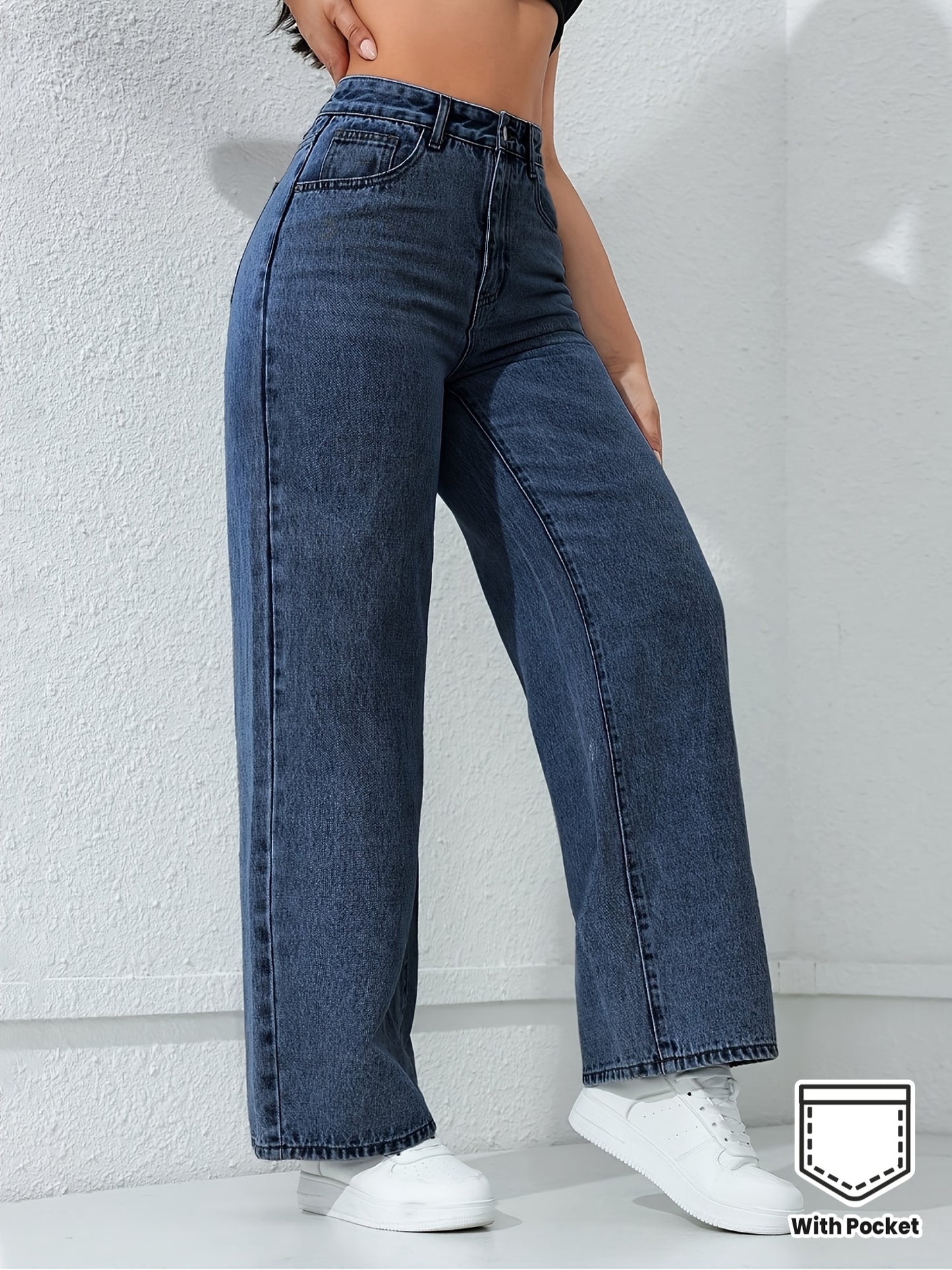 Jean ample à jambes droites pour femme avec poches, jean non extensible, jean taille haute style baggy, jean mom taille haute, jean à taille élastique