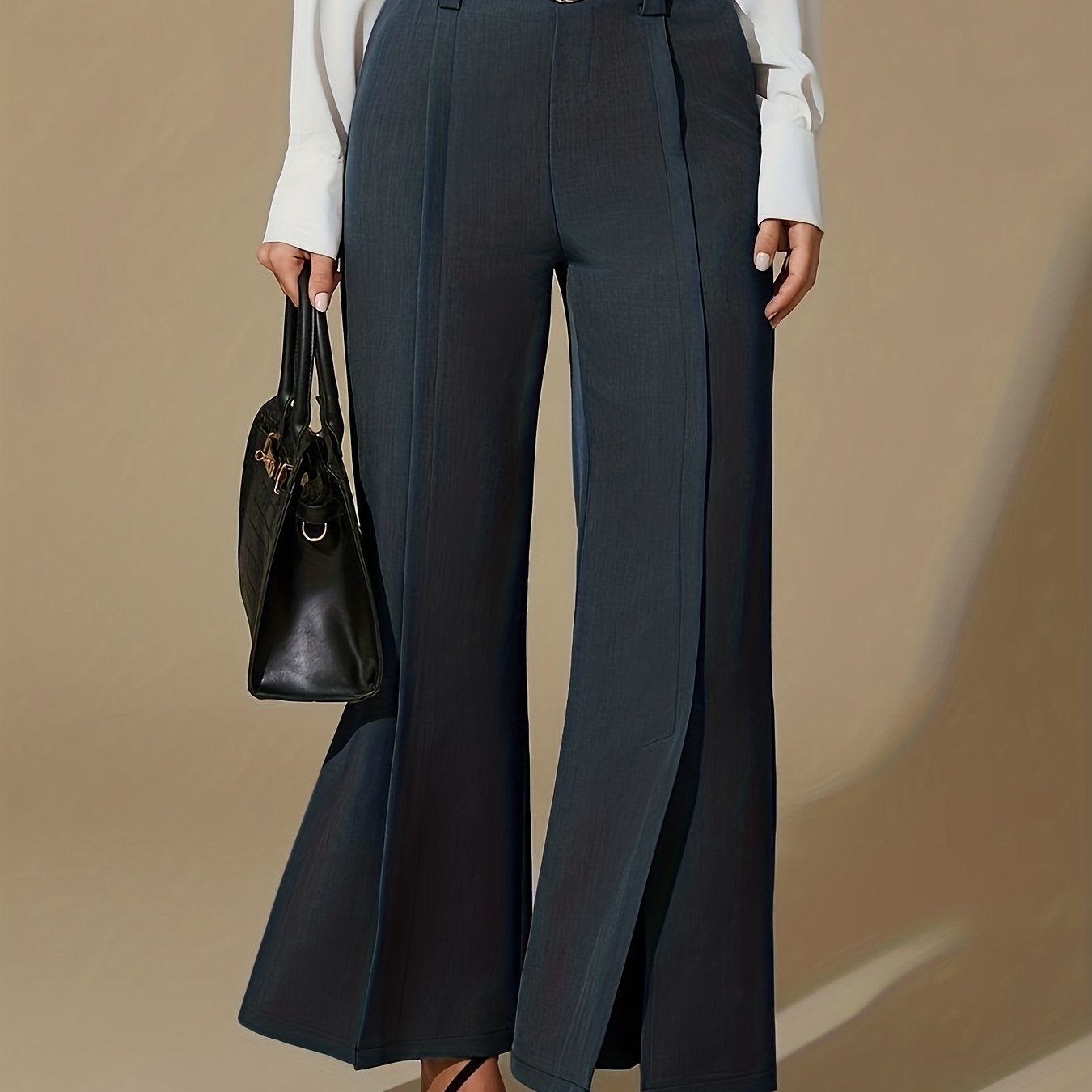 Pantalon Femme Élégant Jambe Large – Taille Élastique, Sans Ceinture, Tous Saisons, Bureau et Décontracté