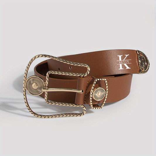 1 pc ceinture ajourée pour femmes – Boucle rétro surdimensionnée gravée au laser, ceinture ajustable en PU extensible pour jeans et robes, style américain vintage