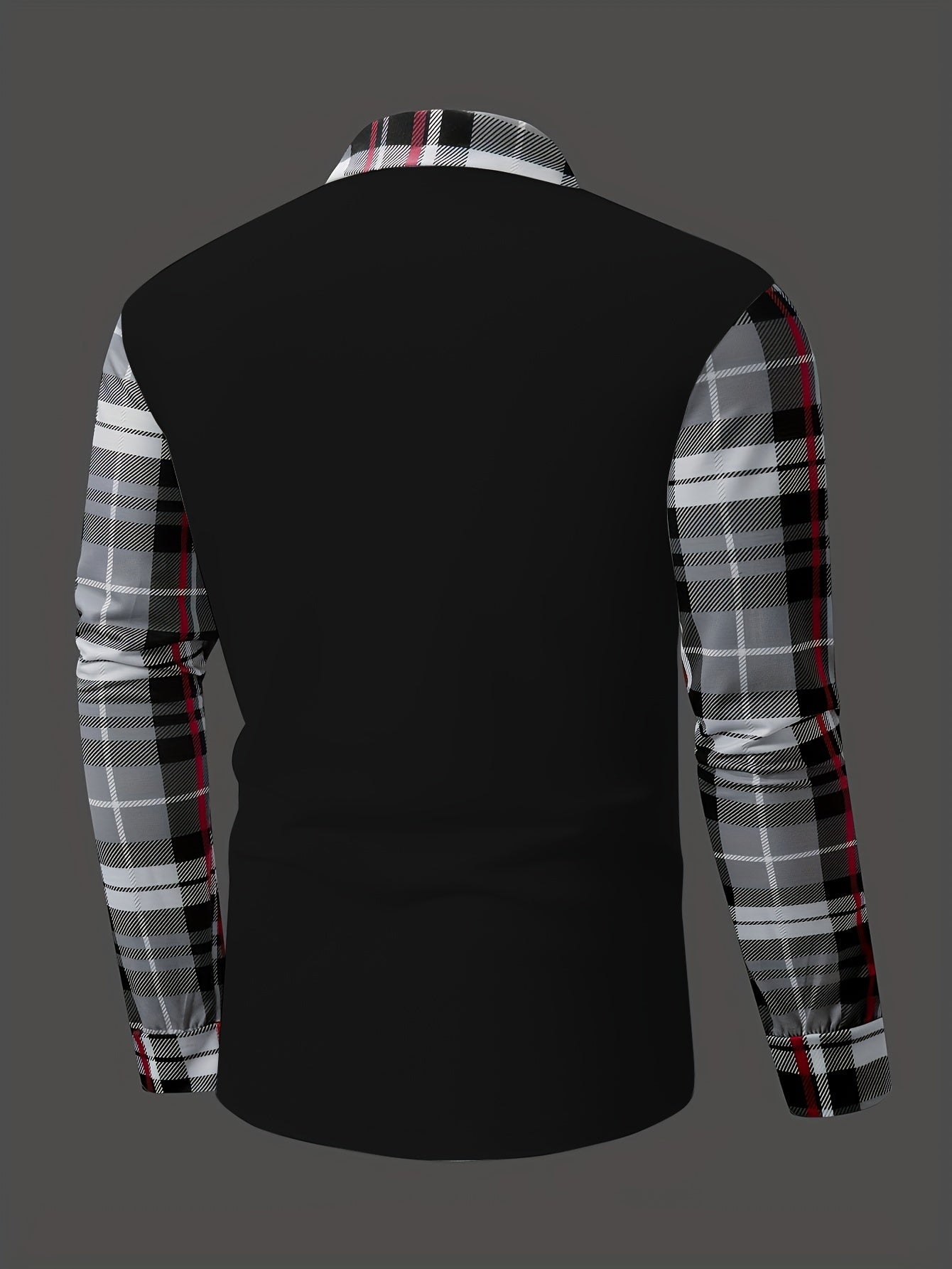 Men's Casual Plaid Long Sleeve Shirt with Chest Patch - Polyester, Button-Up Collar for Spring/Fall