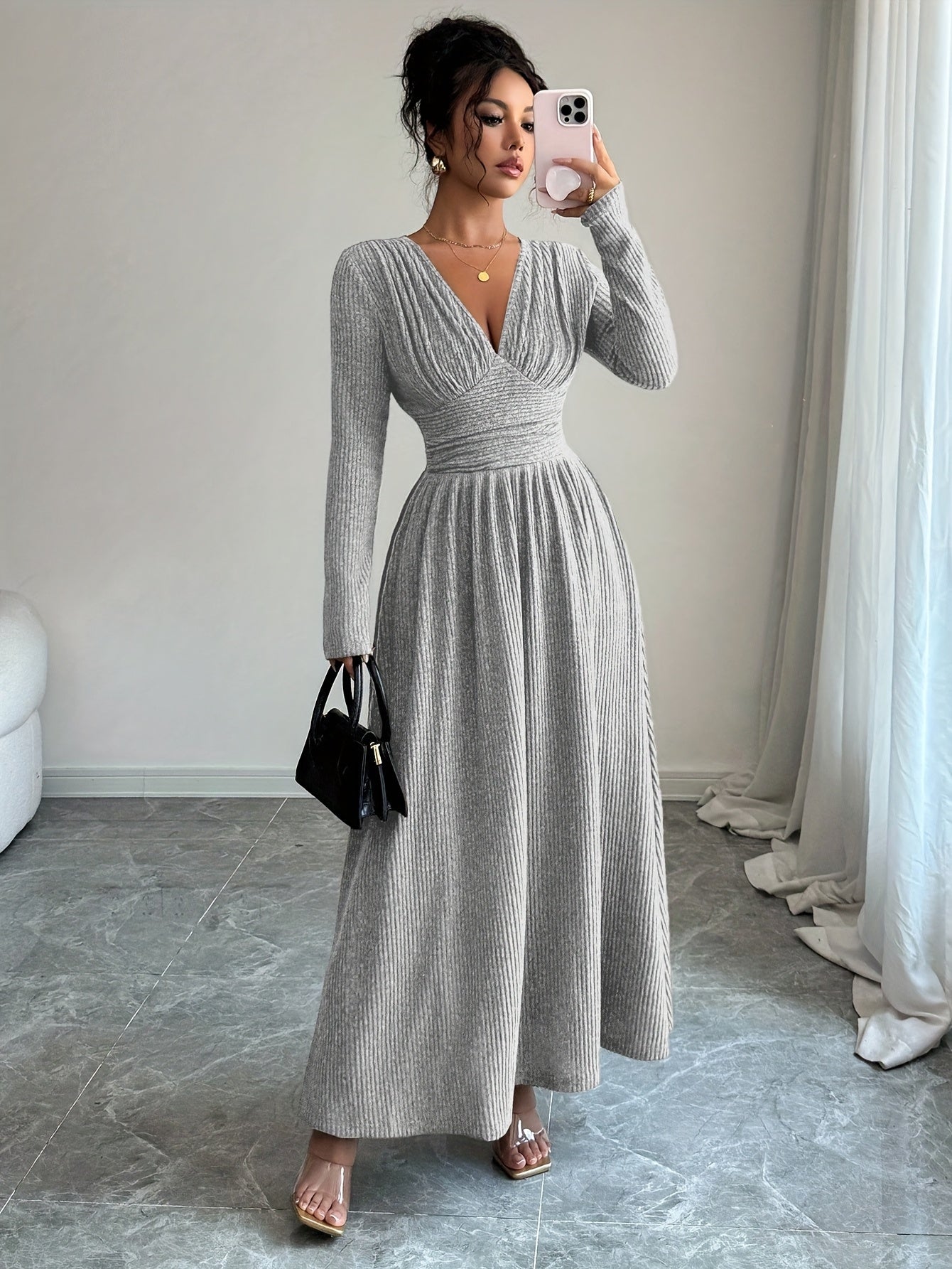 Robe Femme Élégante A-Line Maxi – Manches Longues, Col V, Robe Formelle et Quotidienne, Coupe Flatteuse pour Automne/Hiver, Bureau, Fête, Mariage, Tenues Quotidiennes, Robe Formelle et Décontractée, Port au Bureau, Ourlet à Volants, Look Stylé