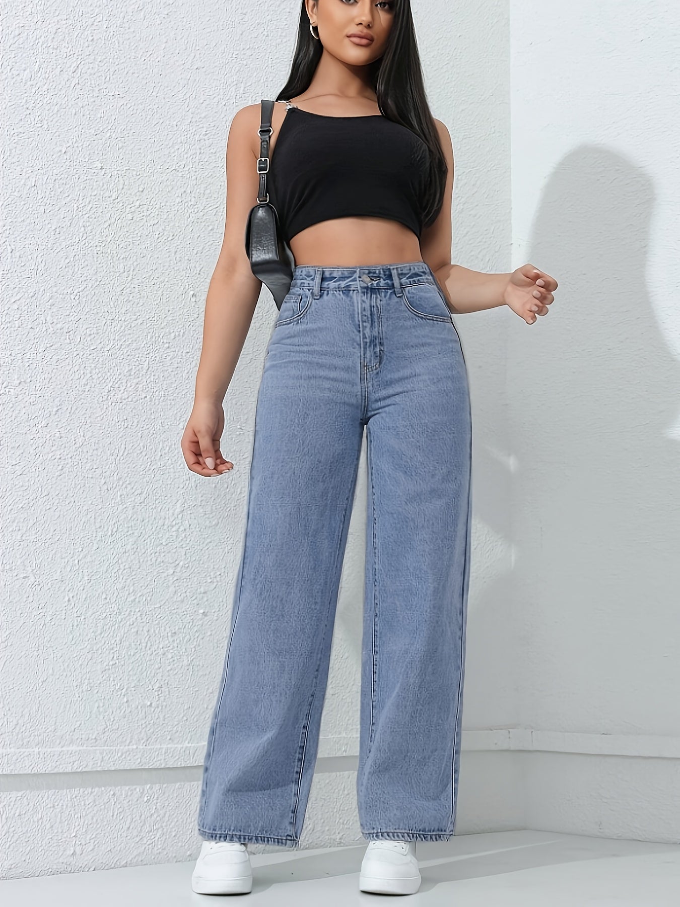 Jeans Femme Décontracté – Jambe Droite, Coupe Ample, Confort Toutes Saisons, Fermeture Boutons, Poches, Denim Bleu Clair, Idéal Sorties Week-end, Tissu Non Extensible, Coupe Relâchée