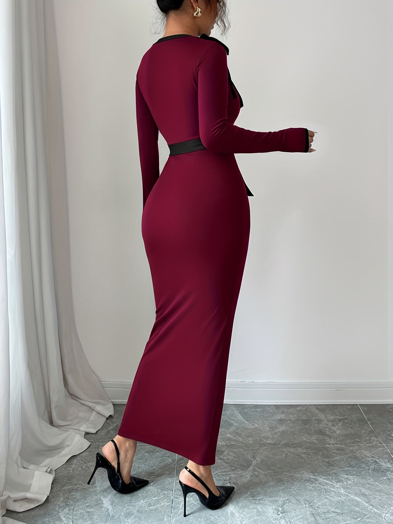 Elegant Color Block Long Sleeve Crew Neck Dress with Shoulder Bowknot | Bodycon Fit, Perfect for Daily Commute and Casual Wear